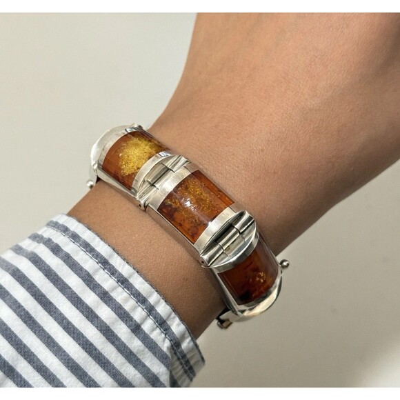 Vintage Heavy Baltic Amber Signed Size 7.5 Inches Sterling Box Bracelet - Picture 1 of 7